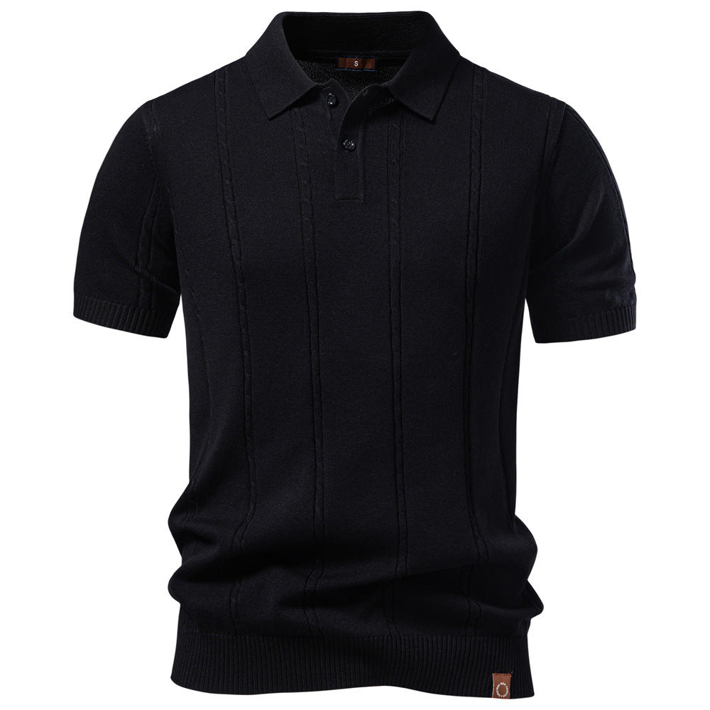 Men's short sleeve knitted polo with textured stripes, ribbed cuffs, and classic polo collar StylebySassy