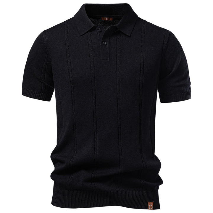 Men's short sleeve knitted polo with textured stripes, ribbed cuffs, and classic polo collar StylebySassy