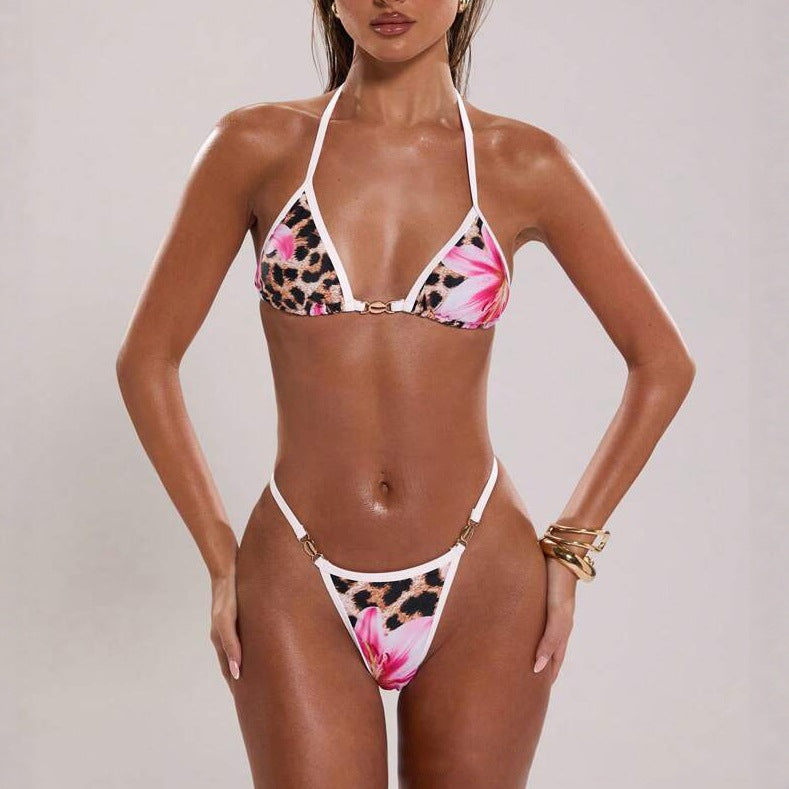 Ladies triangle bikini with cheerful floral print and animal pattern StylebySassy