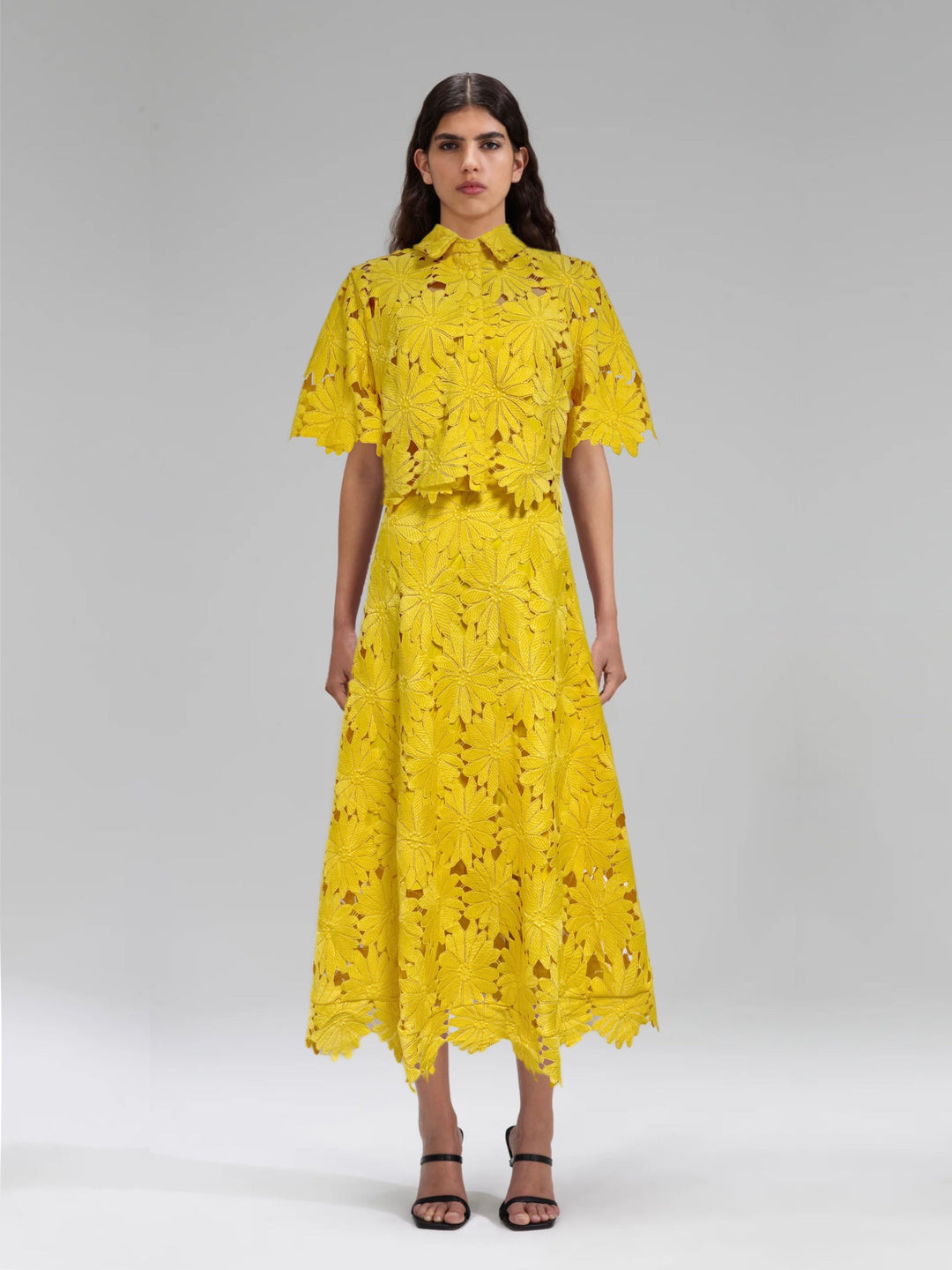 Ladies two-piece crochet lace set with shirt collar, short sleeves, and flared midi skirt StylebySassy