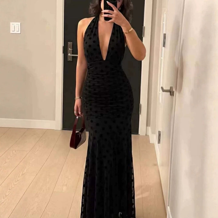 Women's Elegant Maxi Dress with Deep V-Neck and Delicate Ruffles