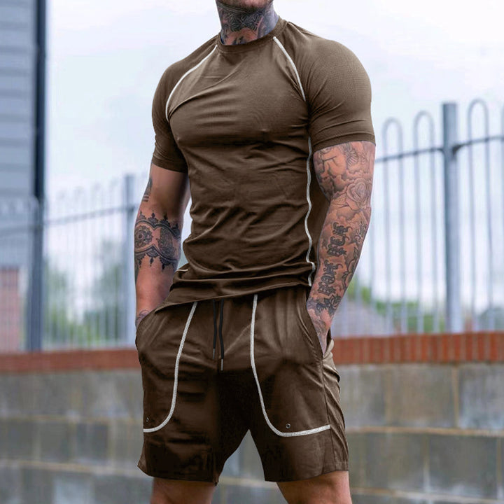 Men's Raglan-Fit Short Sleeve Shirt and Drawstring Shorts Set made of breathable stretch jersey with contrast stitching StylebySassy