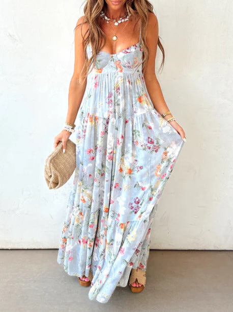 Women's strapless corset maxi dress with heart neckline, tiered ruffle skirt and nostalgic toile pattern StylebySassy