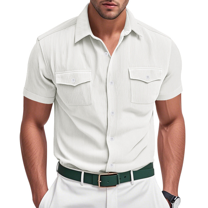 Men's casual short-sleeve shirt with lapel collar, patch flap pockets and fine pinstripe texture StylebySassy