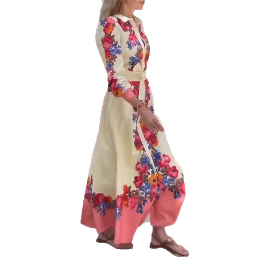Women's long hem blouse dress with floral print, tie belt, and ruffle trim StylebySassy