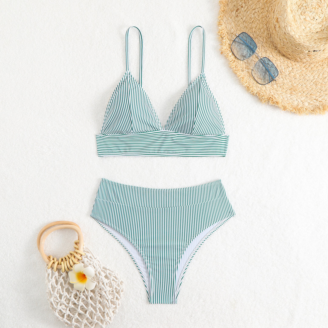 Women's High-Waisted Bikini Set with Fine Stripes StylebySassy