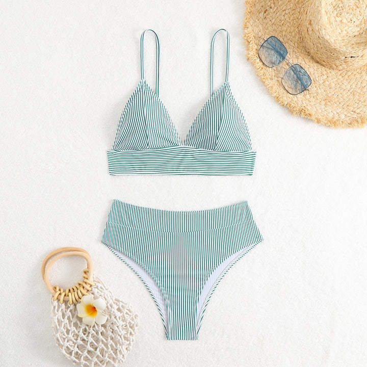 Women's High-Waisted Bikini Set with Fine Stripes StylebySassy
