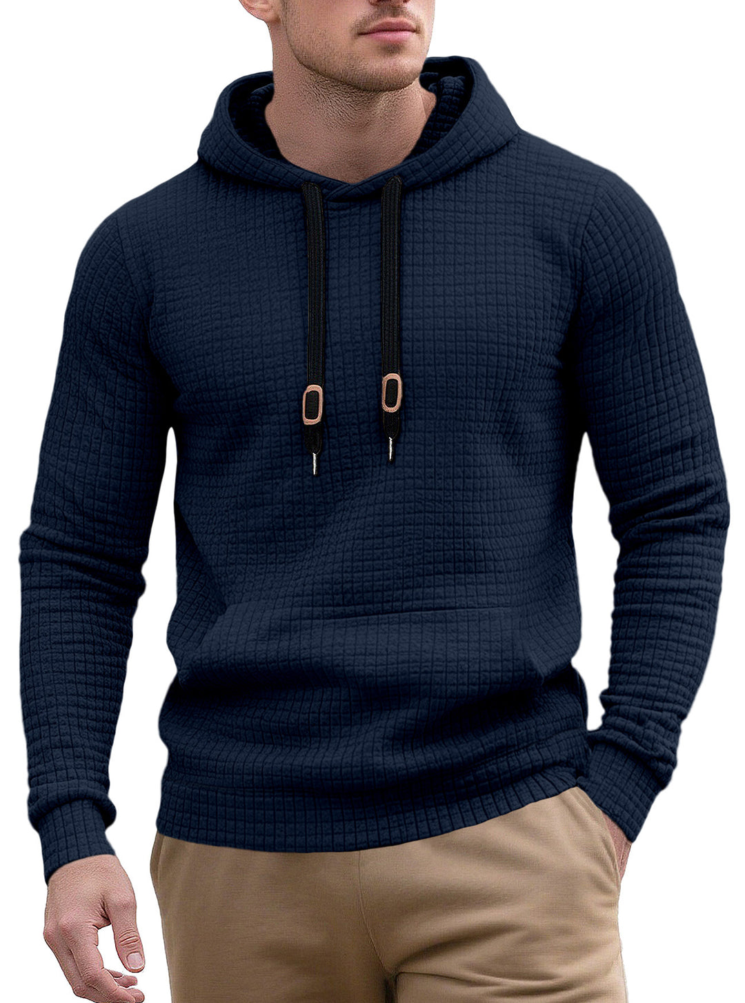 Men's narrow-cut quilted hoodie with fine square texture, drawstring and ribbed hem StylebySassy