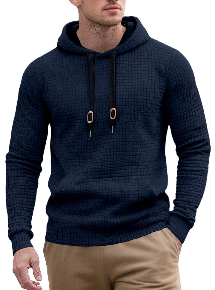 Men's narrow-cut quilted hoodie with fine square texture, drawstring and ribbed hem StylebySassy