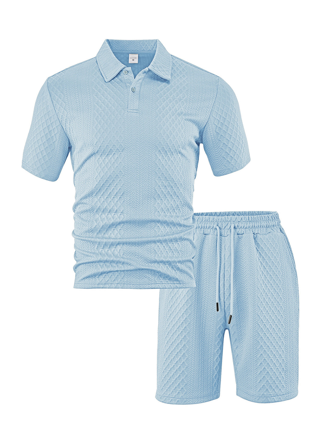 Men's elegant leisure two-piece made of textured knit with polo collar short-sleeve shirt and drawstring Bermuda StylebySassy