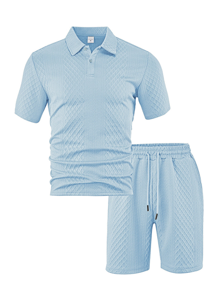 Men's elegant leisure two-piece made of textured knit with polo collar short-sleeve shirt and drawstring Bermuda StylebySassy