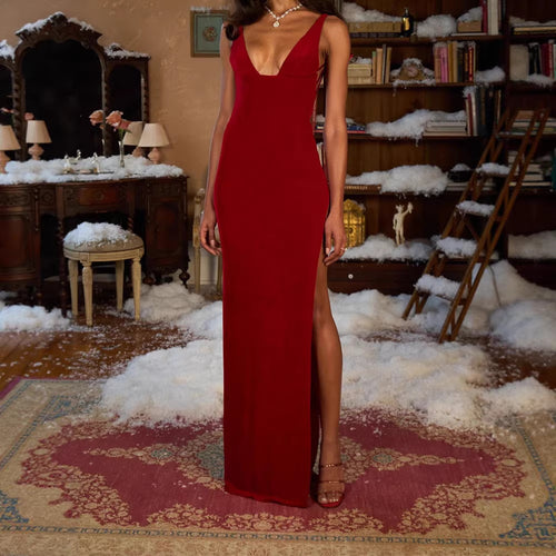 Women Elegant Maxi Dress with Deep V-Neck and High Slit StylebySassy