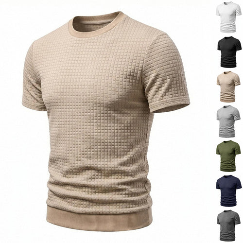 Men's short-sleeved knit shirt with embossed check structure, round neckline, and ribbed hem StylebySassy