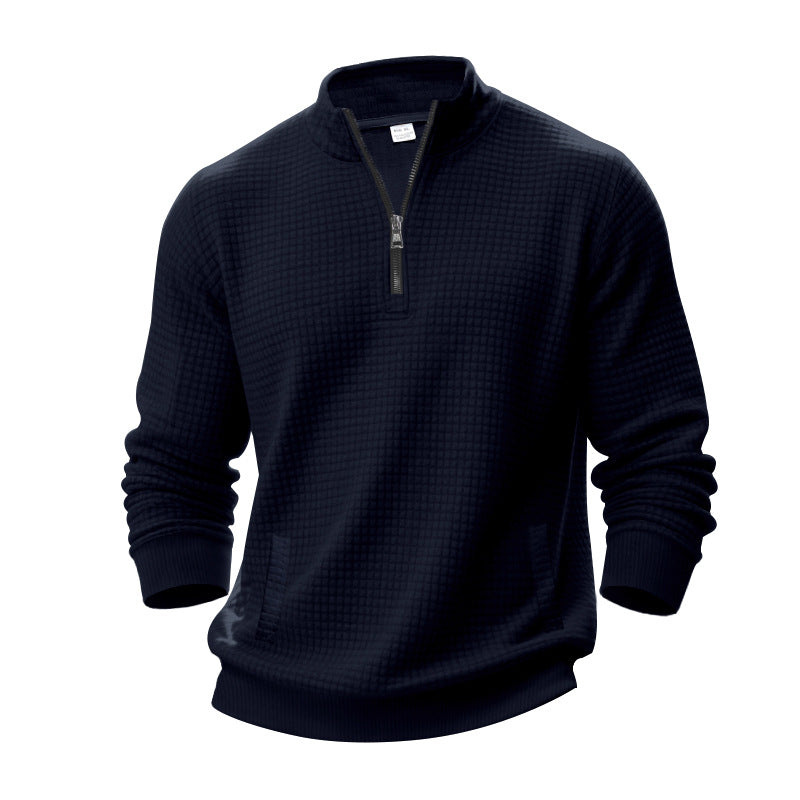 Men's waffle texture half-zip pullover with stand-up collar and subtle side pockets StylebySassy