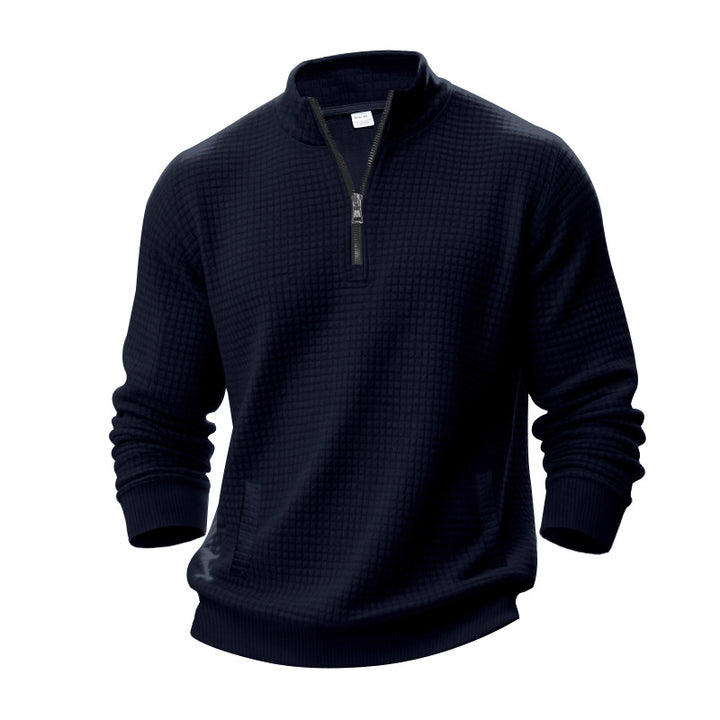Men's waffle texture half-zip pullover with stand-up collar and subtle side pockets StylebySassy