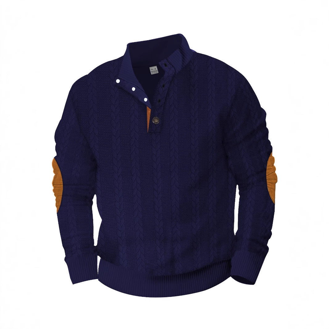 Men's Cable Knit Half Button Sweater with High Stand Collar and Suede Elbow Patches StylebySassy