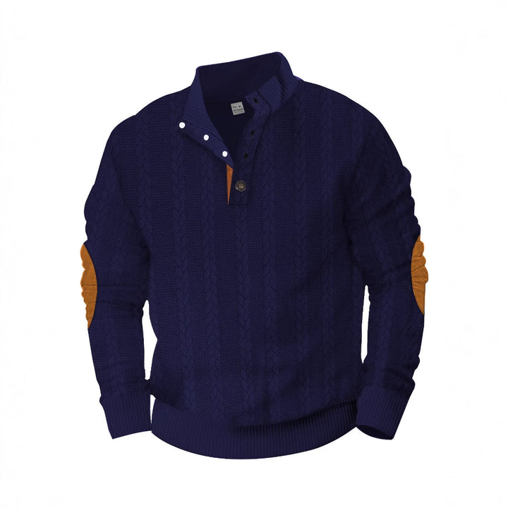 Men's Cable Knit Half Button Sweater with High Stand Collar and Suede Elbow Patches StylebySassy