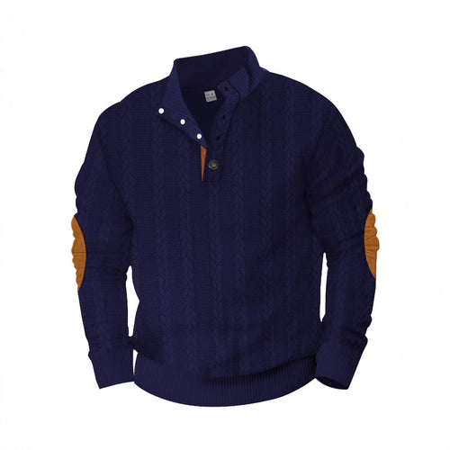 Men's Cable Knit Half Button Sweater with High Stand Collar and Suede Elbow Patches StylebySassy