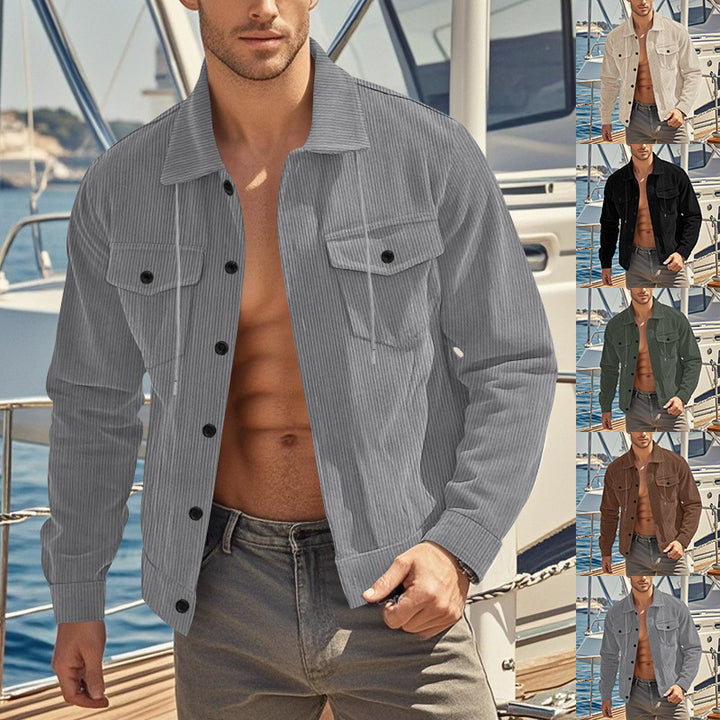 Men's casual fine ribbed cord jacket with stand-up collar, chest pockets and elastic hem StylebySassy