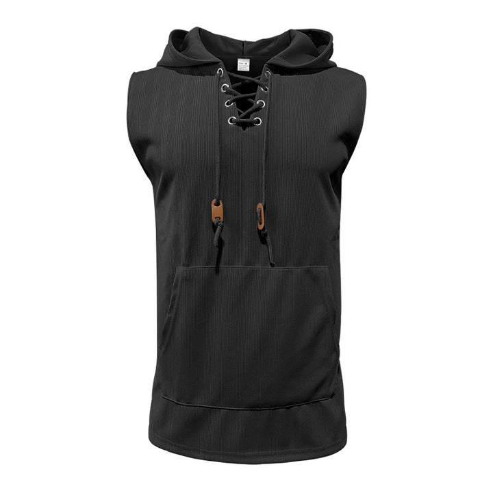 Men sleeveless hoodie sweatshirt with laced collar and kangaroo pocket StylebySassy