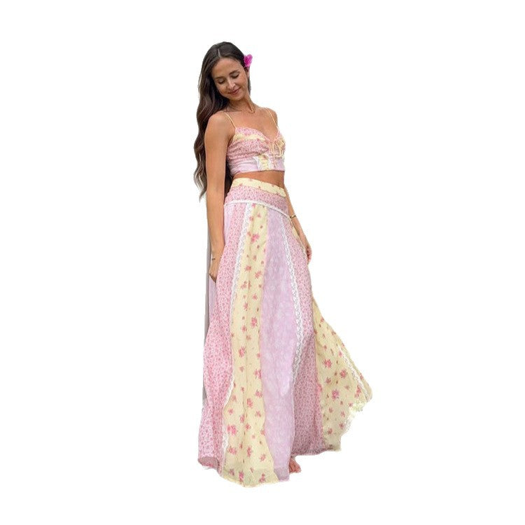 Women romantic crop top with spaghetti straps and tiered patchwork maxi skirt StylebySassy