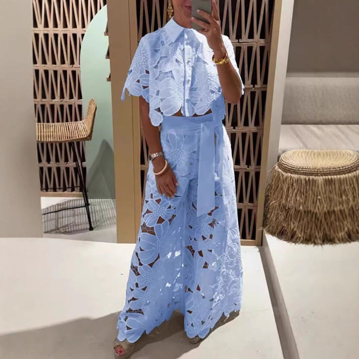 Women's two-piece lace embroidery set with short blouse and maxi skirt with tie belt StylebySassy