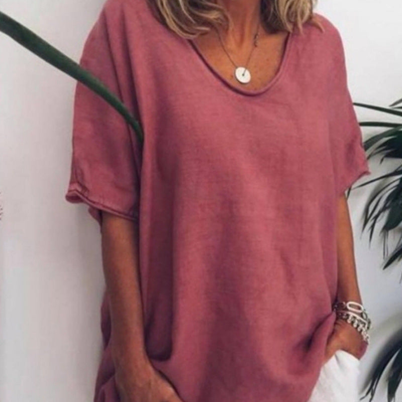 Women's loose linen blend tunic with dropped shoulder and rounded hem StylebySassy