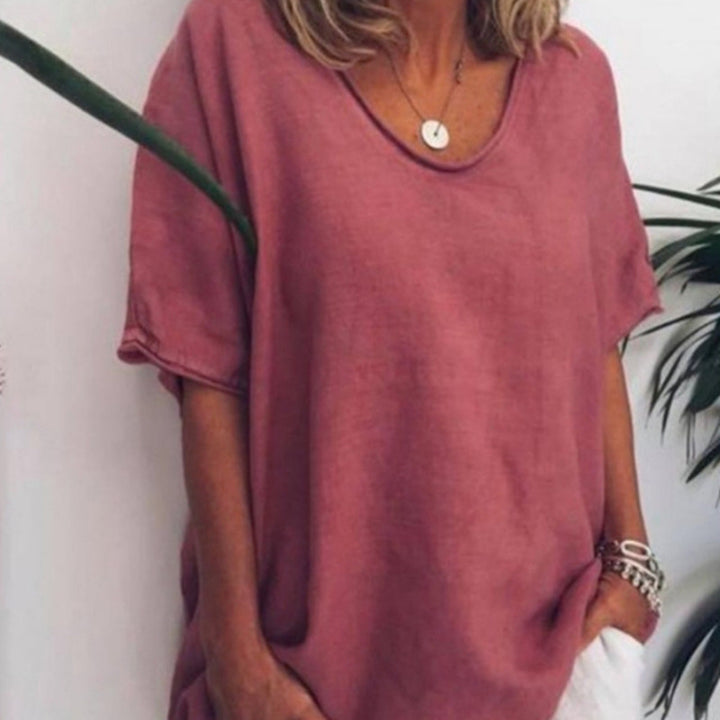 Women's loose linen blend tunic with dropped shoulder and rounded hem StylebySassy