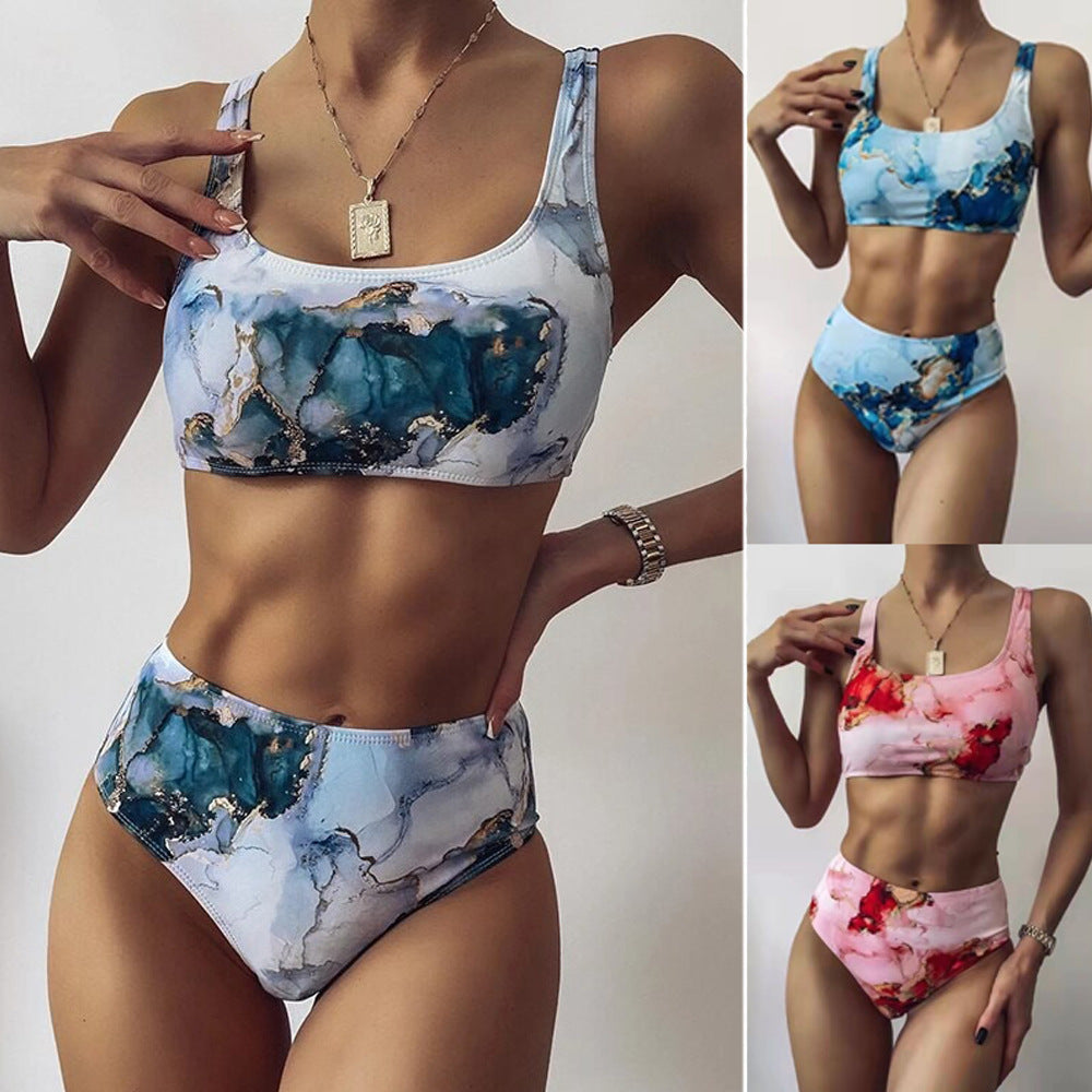 Women's High-Cut Bikini Set with Stylish Marble Print StylebySassy