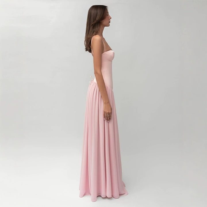 Women’s shaping bustier evening dress with pre-shaped corset construction and wide chiffon flared skirt StylebySassy