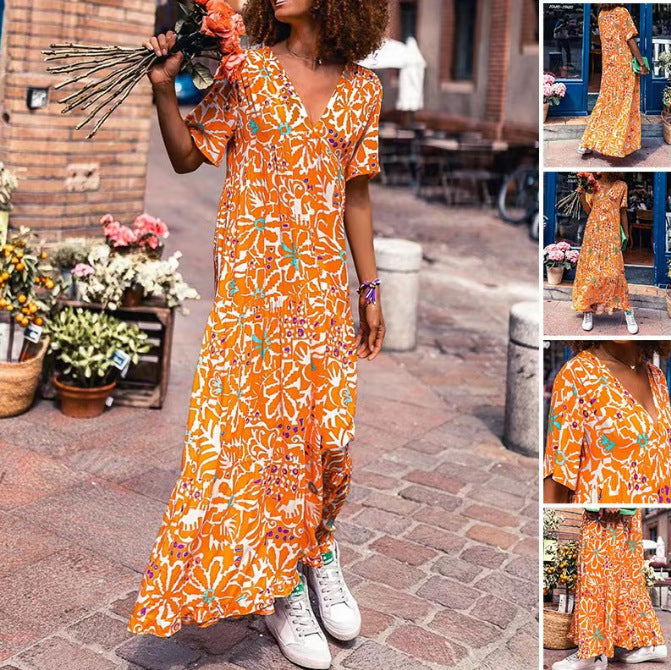 Women’s ankle-length V-neck maxi dress with graphic ethnic print, short sleeves and flared ruffle hem StylebySassy