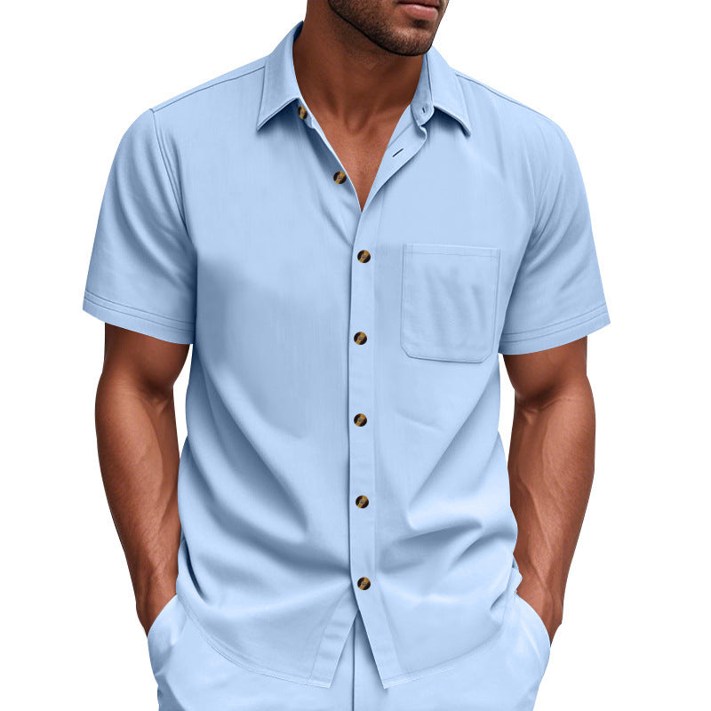 Men's short-sleeve resort shirt made of linen blend with chest pocket and drawstring Bermuda StylebySassy