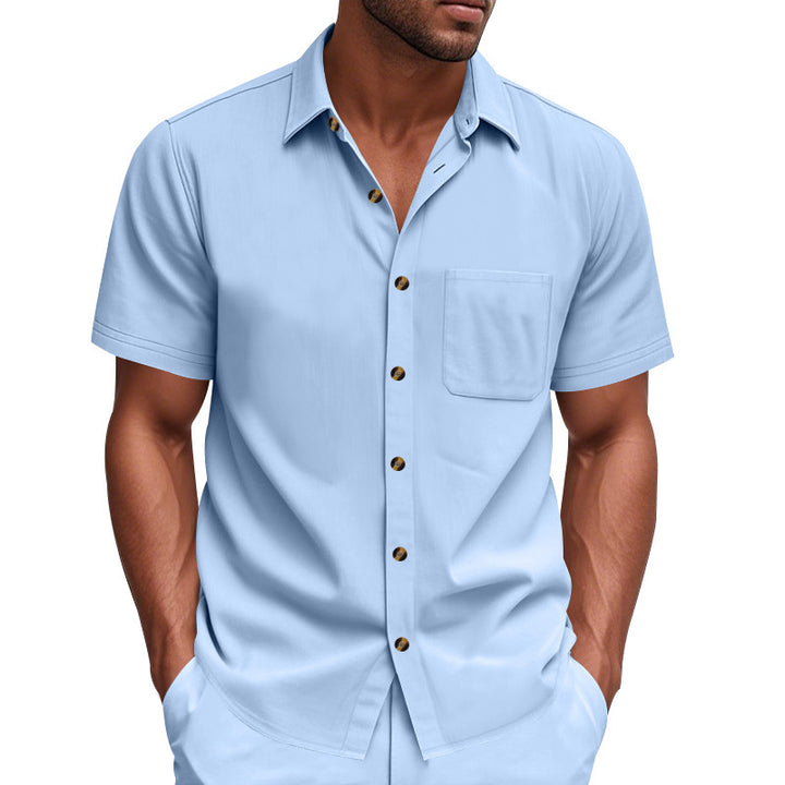 Men's short-sleeve resort shirt made of linen blend with chest pocket and drawstring Bermuda StylebySassy