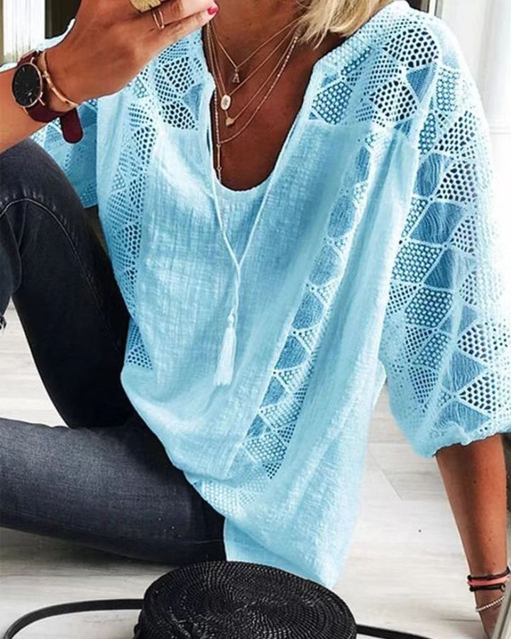 Women's airy blouse with deep neckline, lace inserts and balloon sleeves StylebySassy