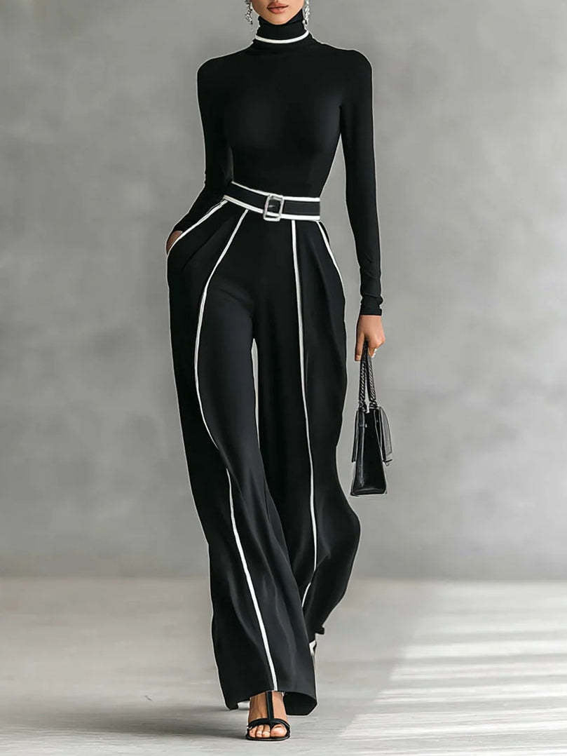 Ladies' elegant knit set with fitted turtleneck top and wide pleated trousers with waistband StylebySassy