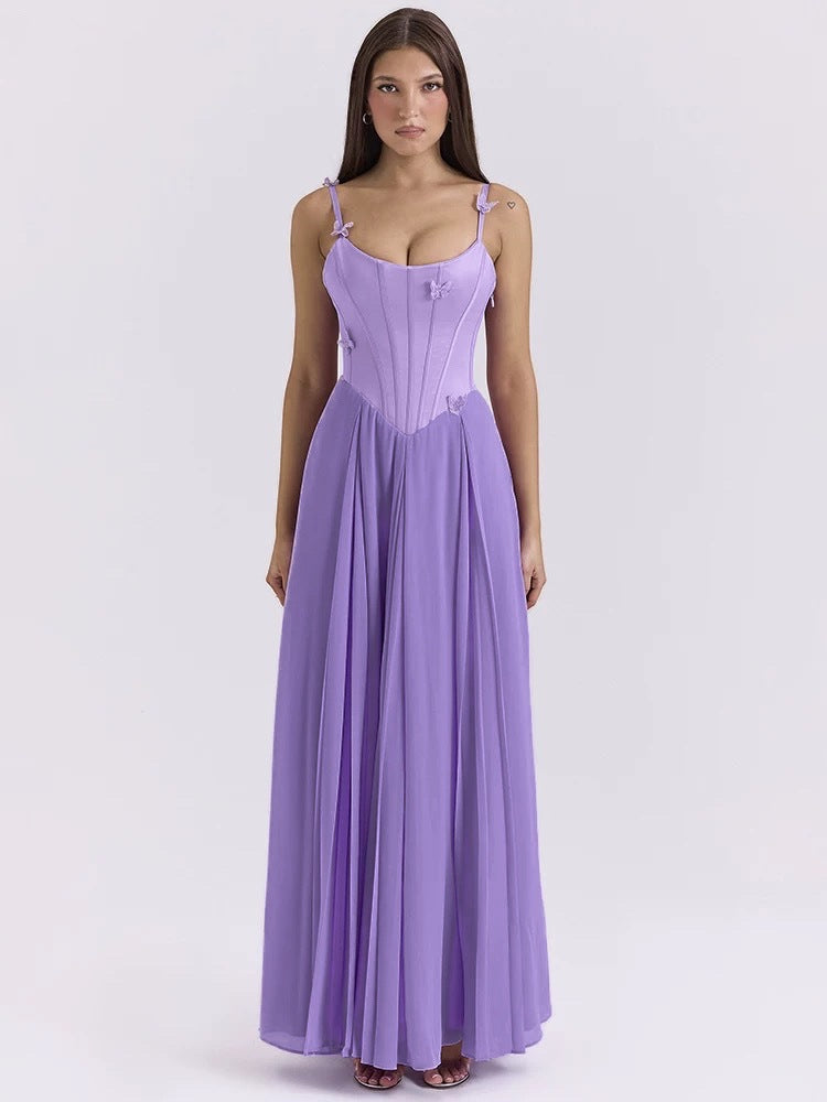 Women's bodycon corset maxi dress with butterfly straps and pleated chiffon skirt StylebySassy