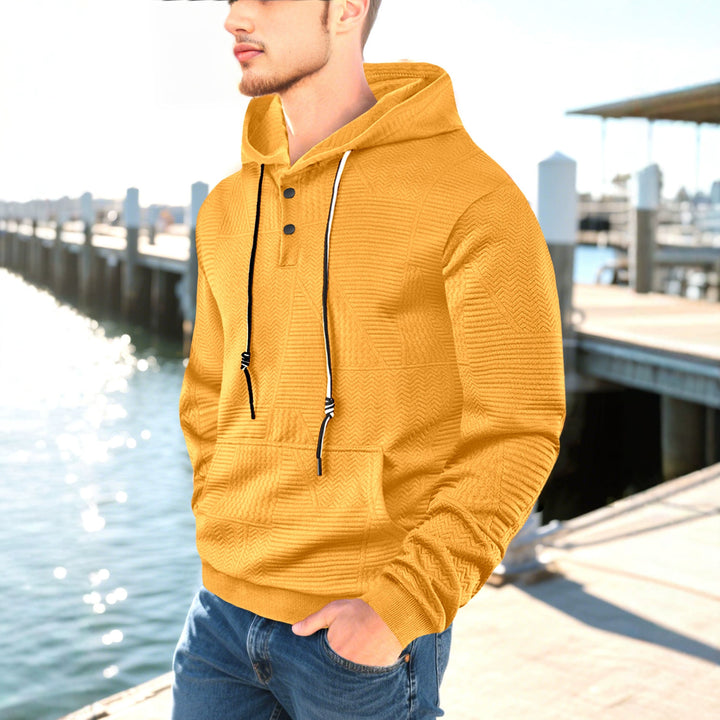 Men's hooded sweatshirt with geometric structure, Henley placket, and kangaroo pocket StylebySassy