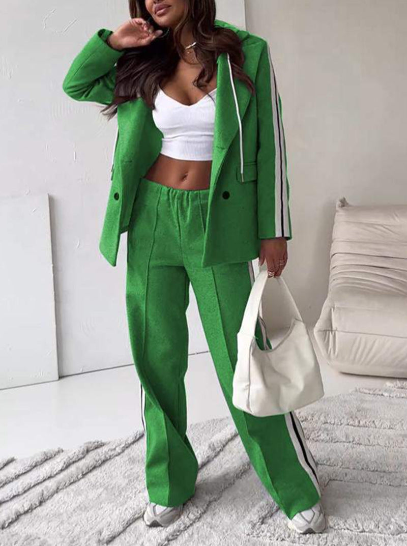 Women's sporty-elegant blazer two-piece with hooded blazer and wide training pants with side stripe StylebySassy