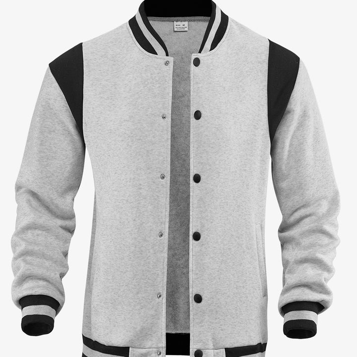 Men's light baseball jacket in sweat quality with snap button placket, ribbed collar and contrasting shoulder yoke StylebySassy