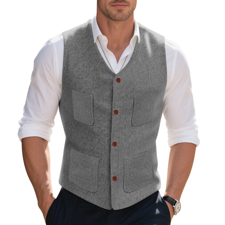 Men's wool blend vest with V-neck, patch pockets, and mesh lining StylebySassy