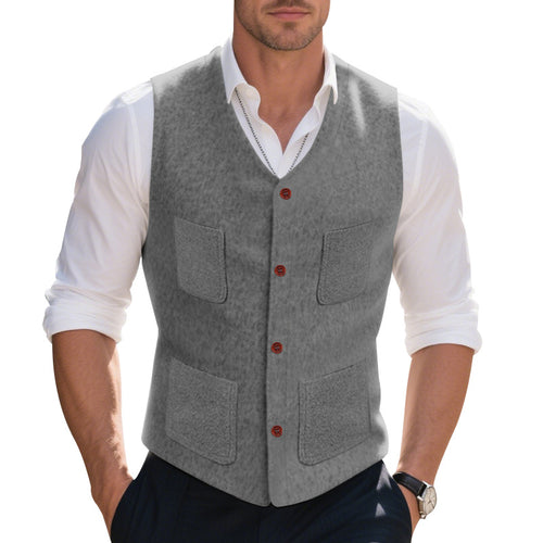 Men's wool blend vest with V-neck, patch pockets, and mesh lining StylebySassy