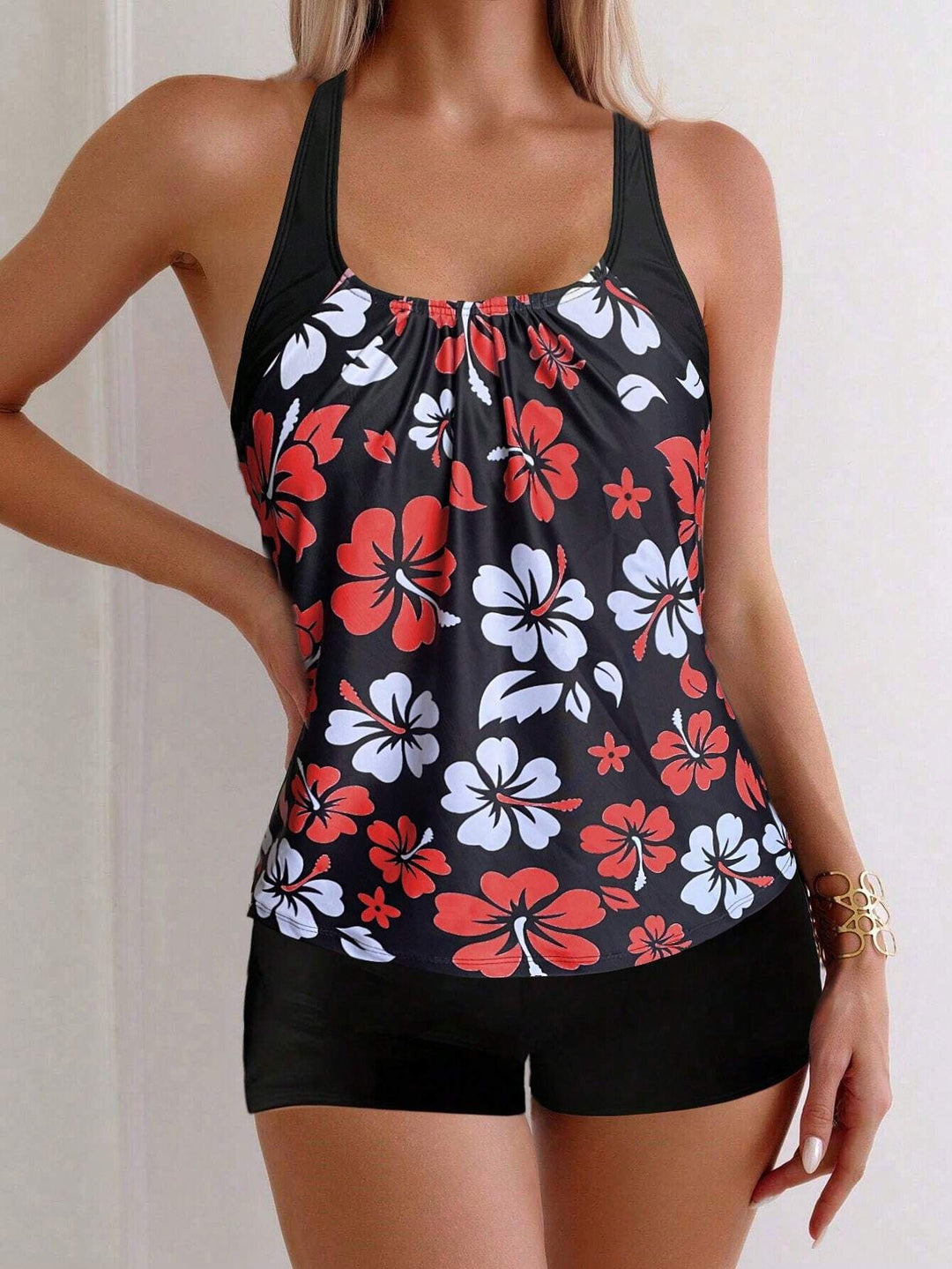 Women's Sporty Tankini Set with Floral Accents StylebySassy