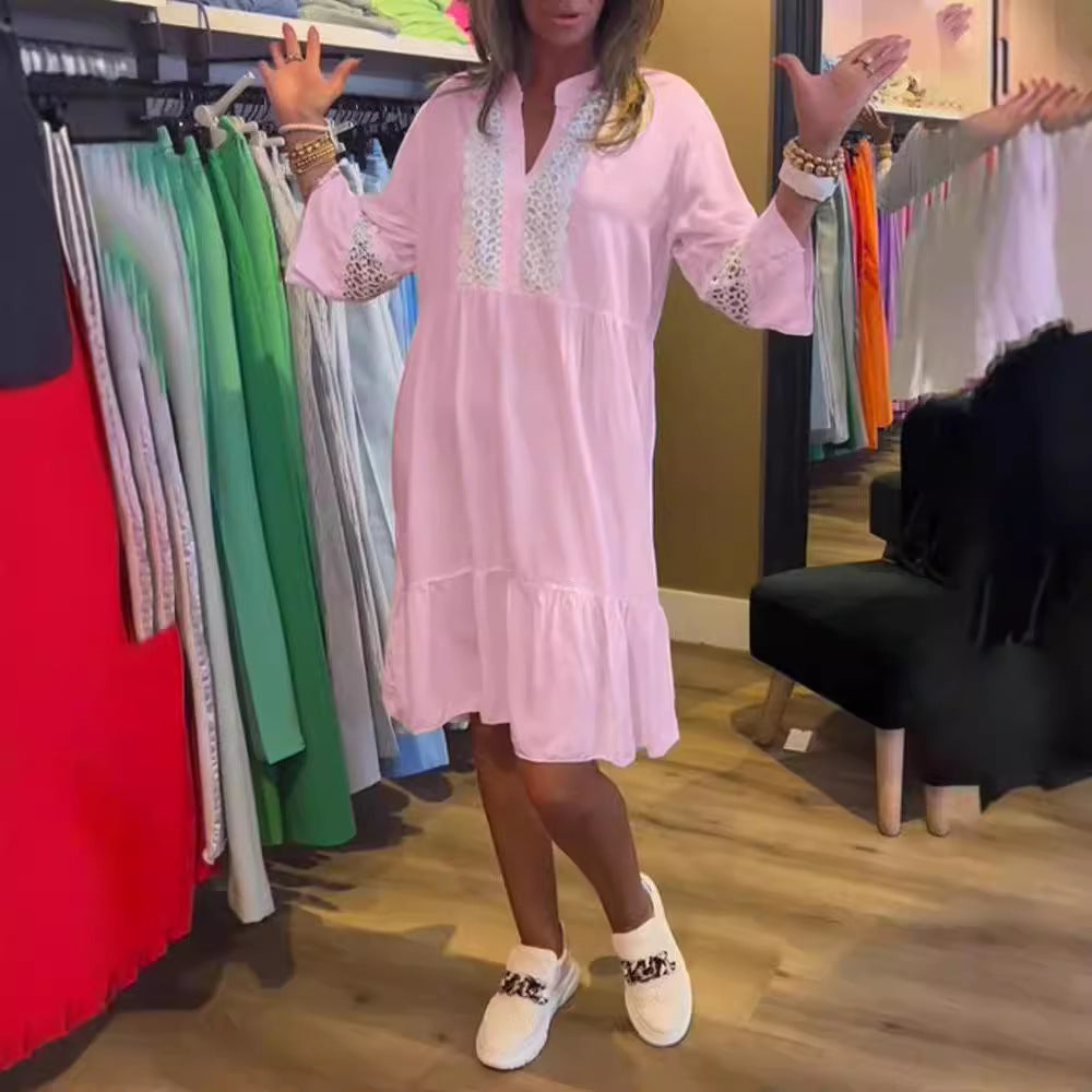 Women’s loose babydoll tunic dress with lace insert, V-neck, stand-up collar, and tiered ruffle StylebySassy