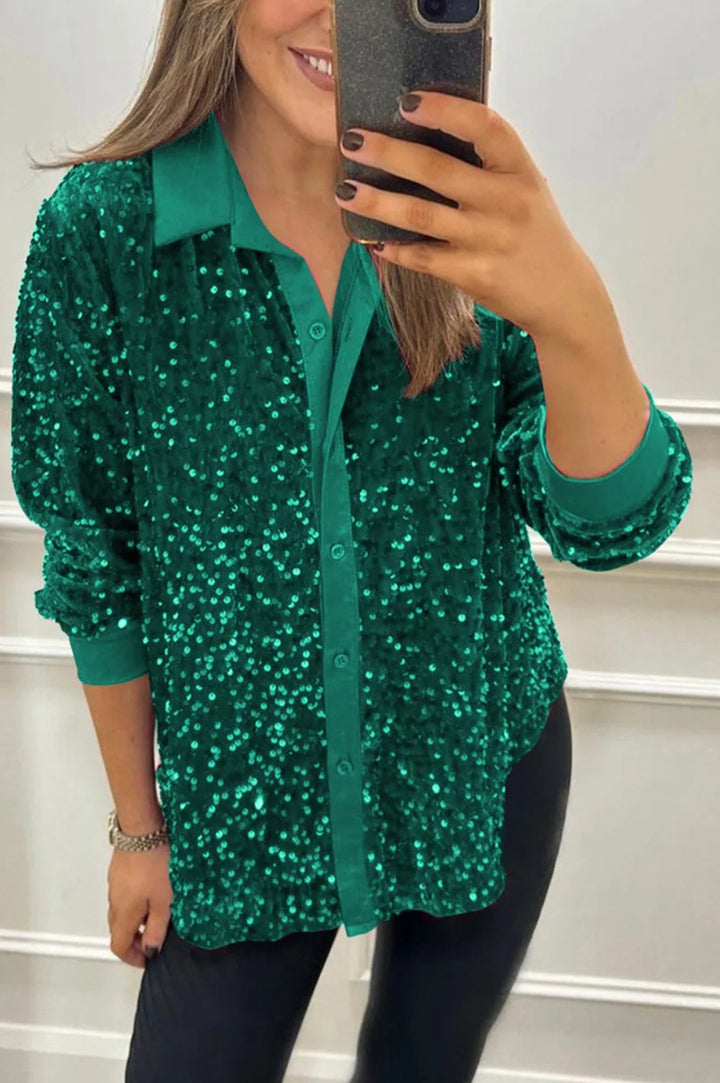 Women's shimmering sequin shirt blouse with collar, button placket, and elastic cuffs StylebySassy