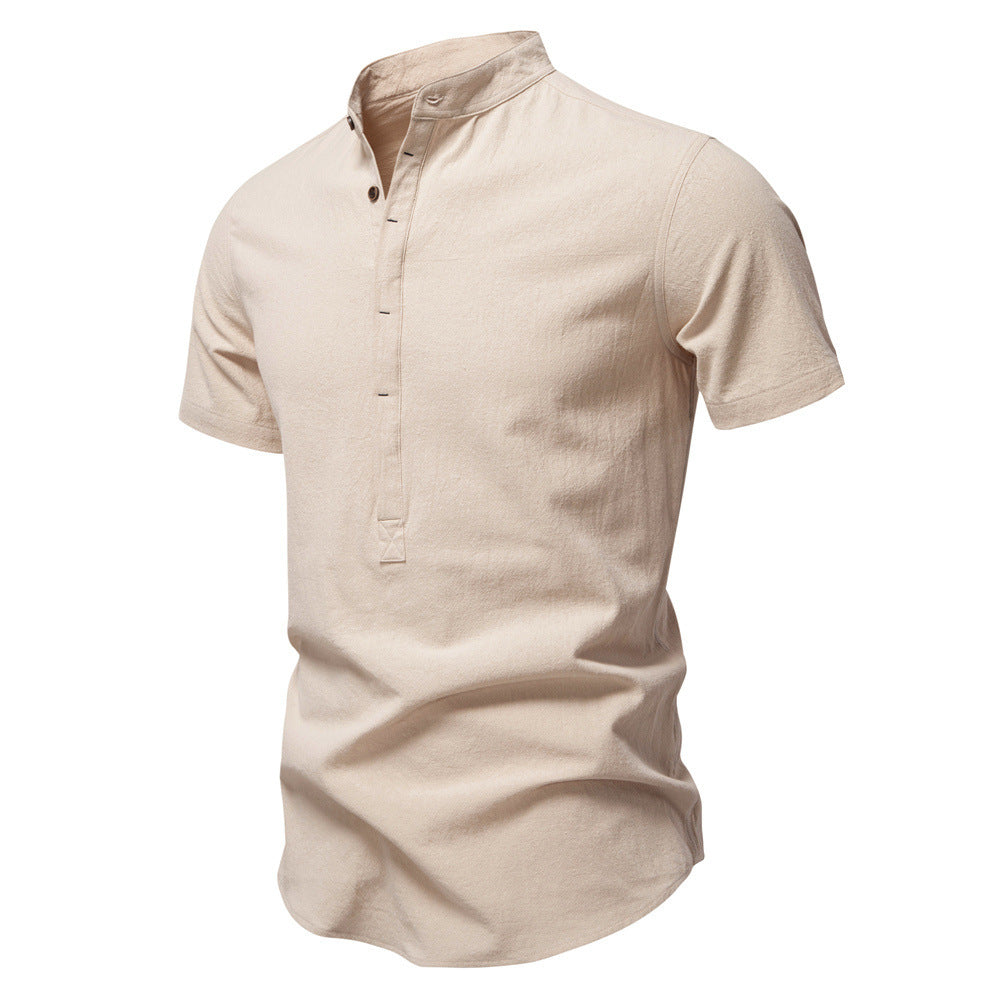 Men's casual short-sleeve shirt with stand-up collar, half button placket, and lightly textured cotton-linen quality StylebySassy
