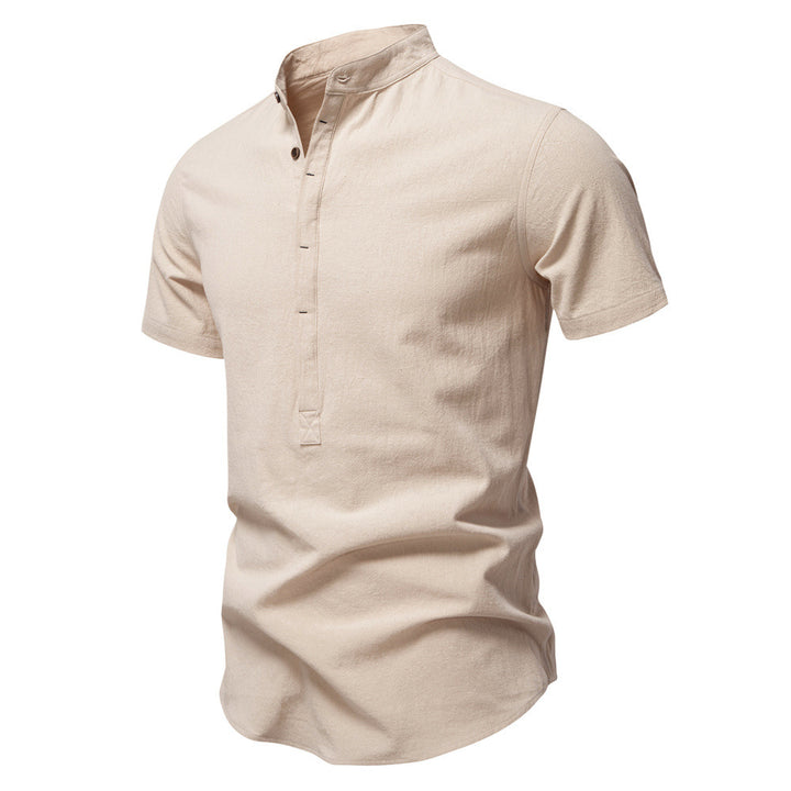 Men's casual short-sleeve shirt with stand-up collar, half button placket, and lightly textured cotton-linen quality StylebySassy