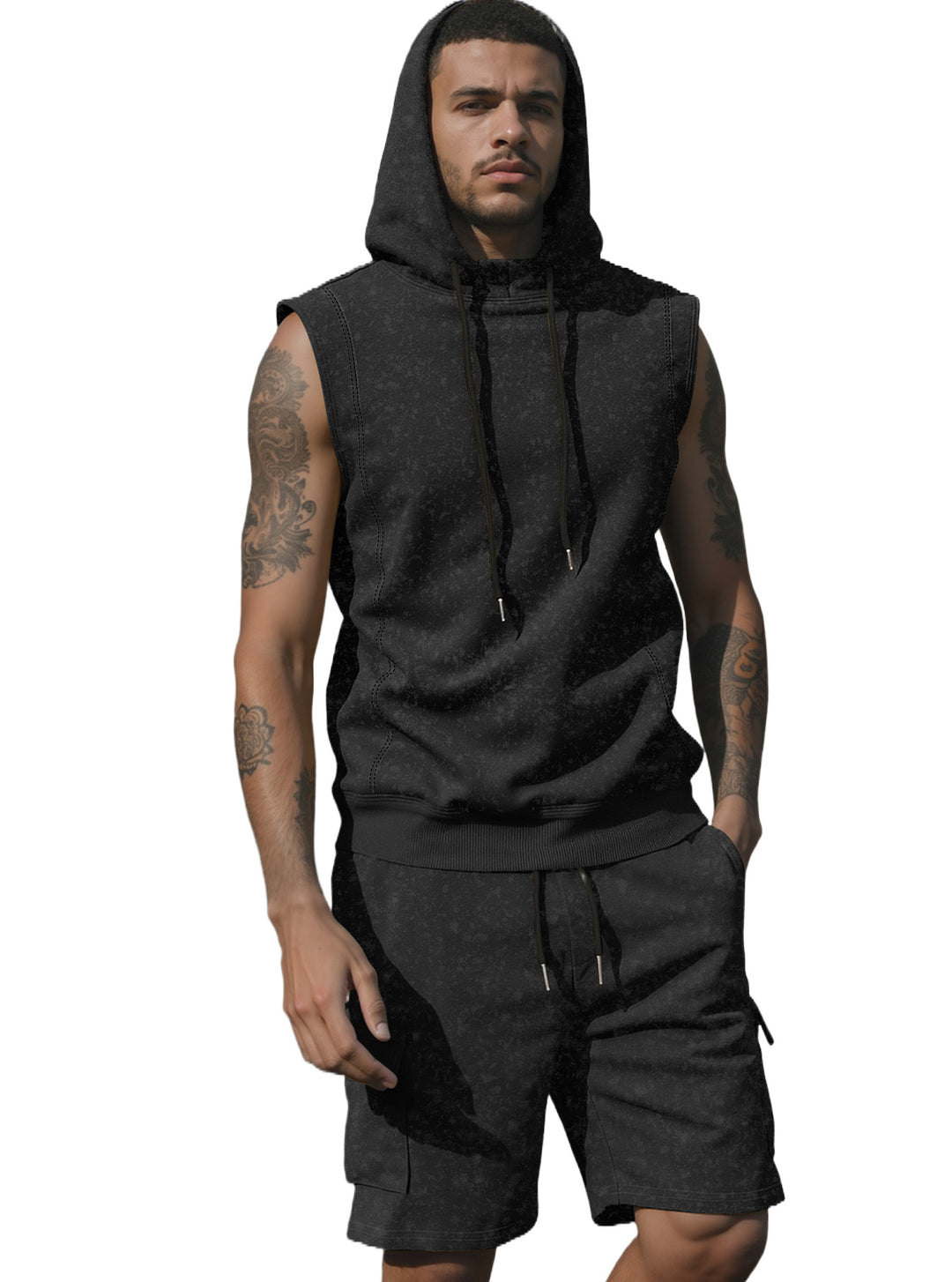 Men's Hooded Muscle Shirt Set with Functional Cargo Bermuda StylebySassy