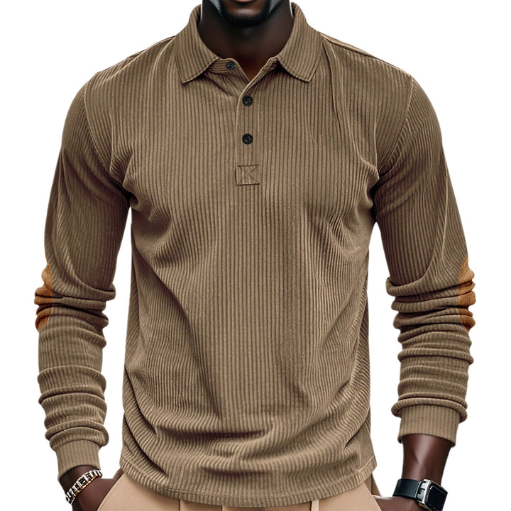 Men's ribbed long sleeve polo shirt with Henley placket and velour-like elbow patches StylebySassy