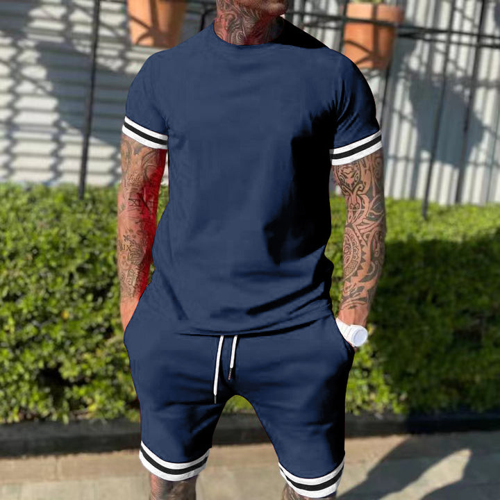 Men's casual sports set made of cotton jersey with round neck shirt and drawstring shorts StylebySassy