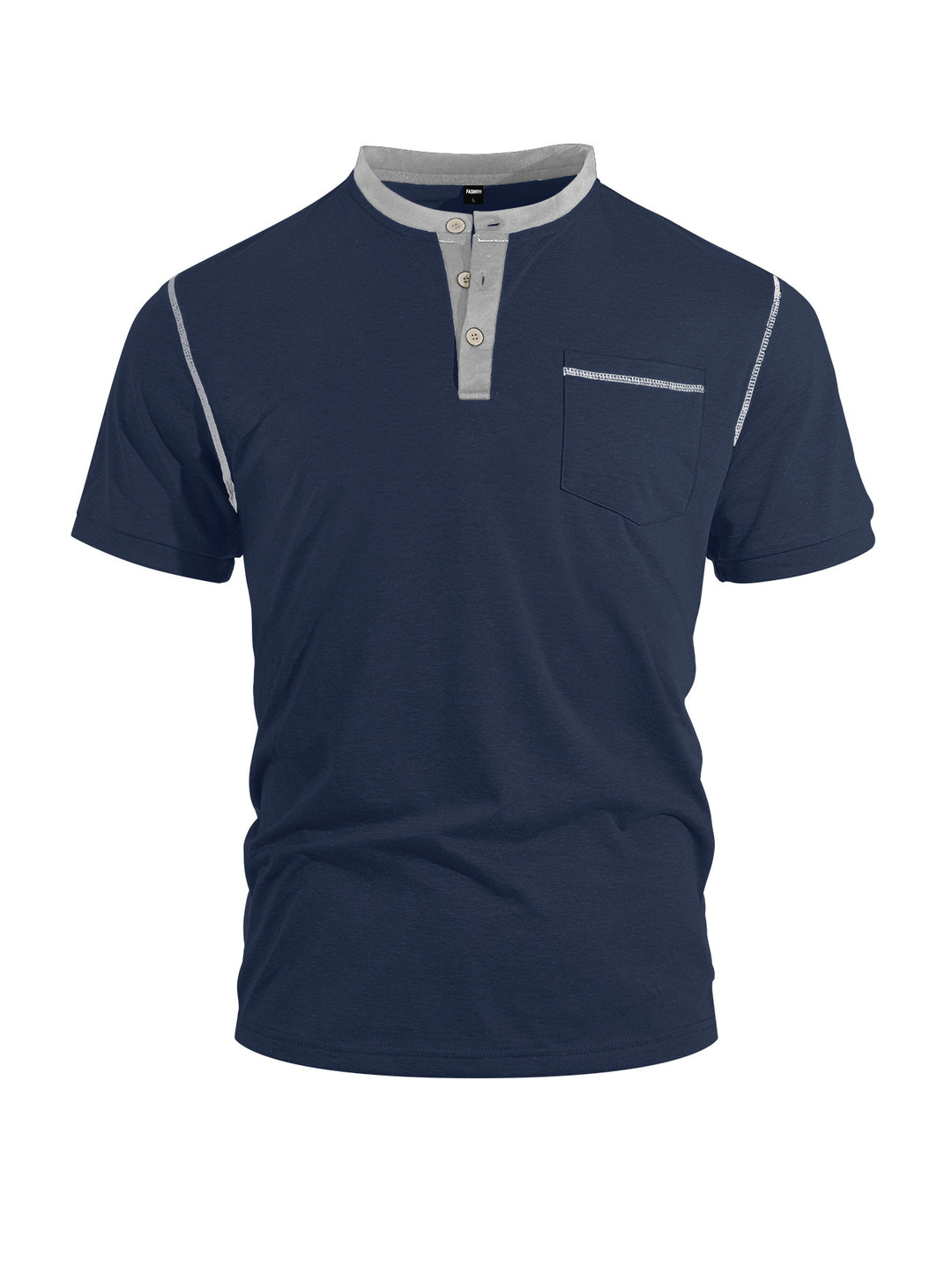 Men's short-sleeve band collar shirt with button placket, chest pocket, and flatlock seams StylebySassy